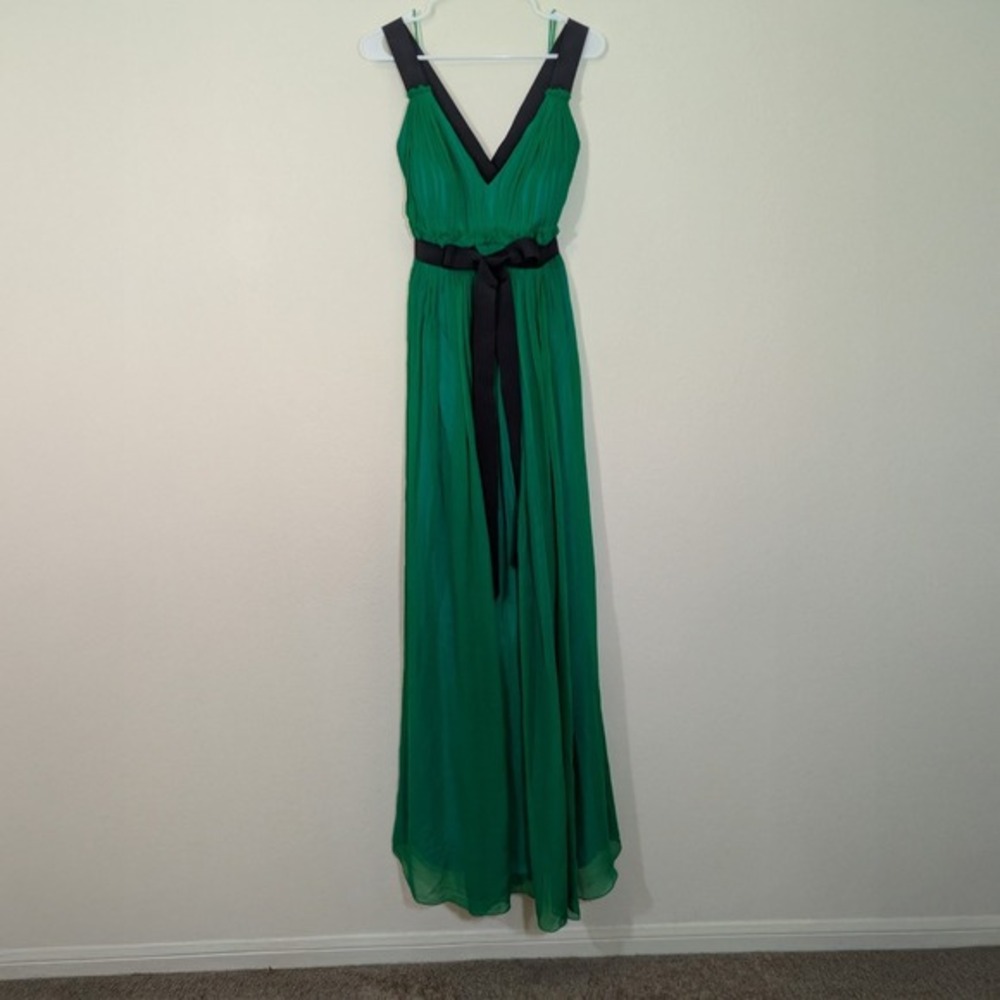 Jill Stuart Silk Formal Maxi Dress Green Black Ribbon Size 8‎ Y2K Elegant Gown